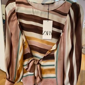 ZARA Watercolor Silky Blouse Tie Waist